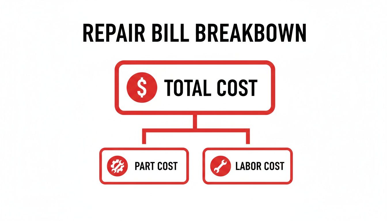 A repair bill breakdown flowchart illustrating total cost, part cost, and labor cost components.
