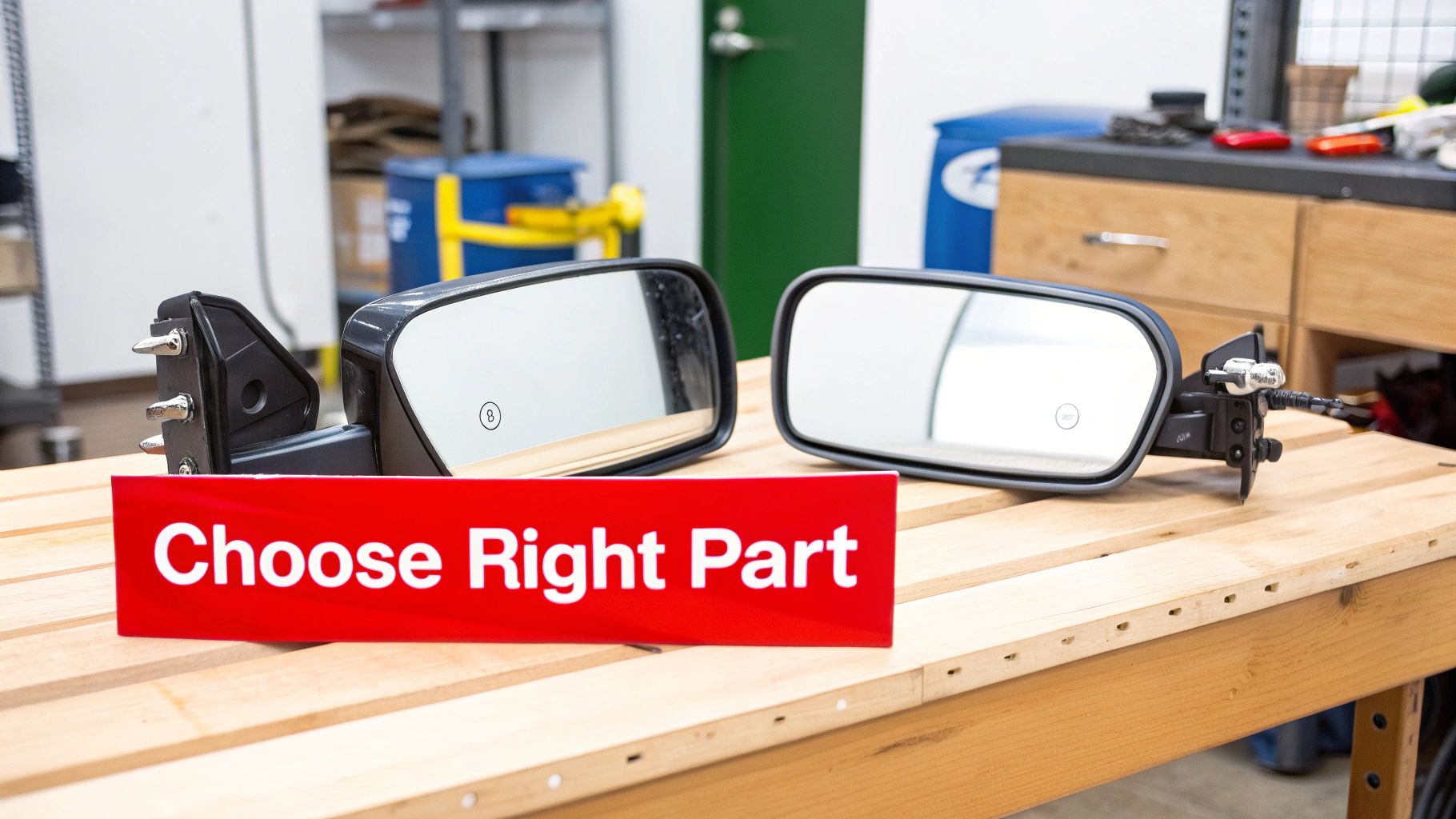 Two car side mirrors sit on a wooden workbench, with a red 'Choose Right Part' sign in front.