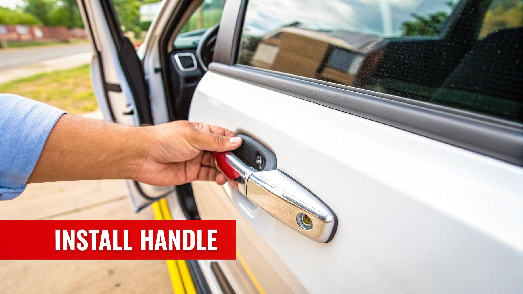 A person carefully installing a new, shiny car door handle onto a car door, with the interior panel still removed.