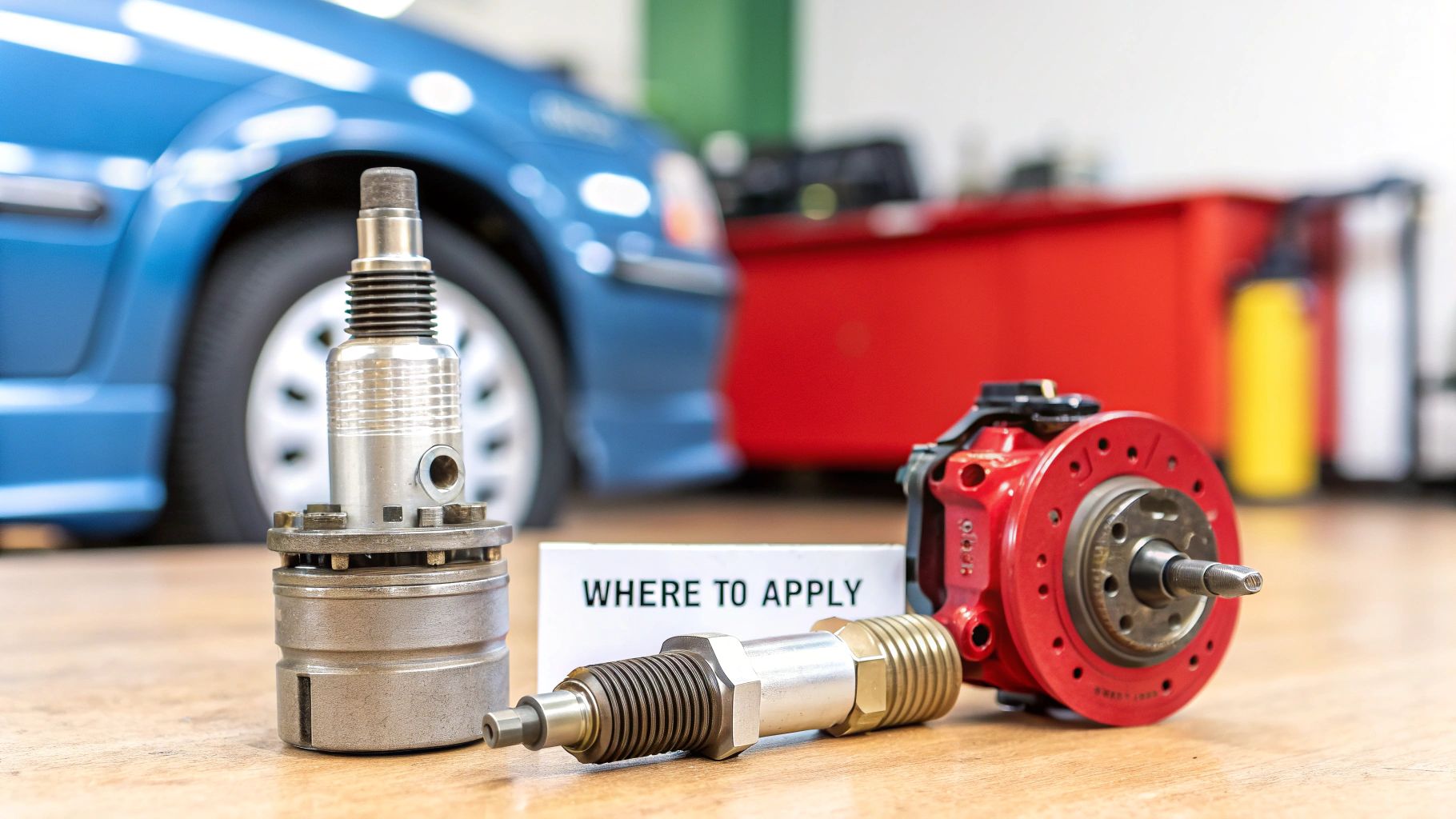 Various industrial mechanical parts, including a red assembly and metal components, on a workshop floor.