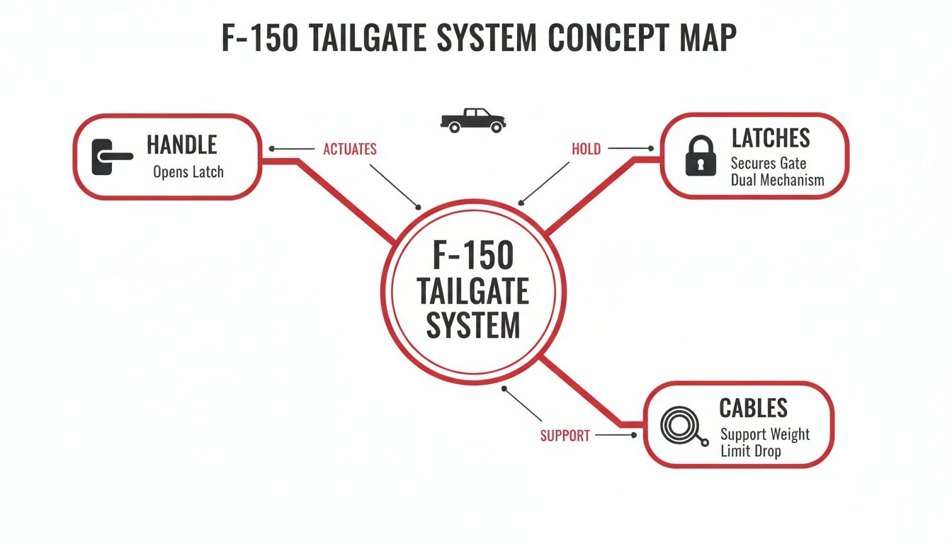 A concept map showing the F-150 tailgate system components: handle, latches, and cables with their functions.