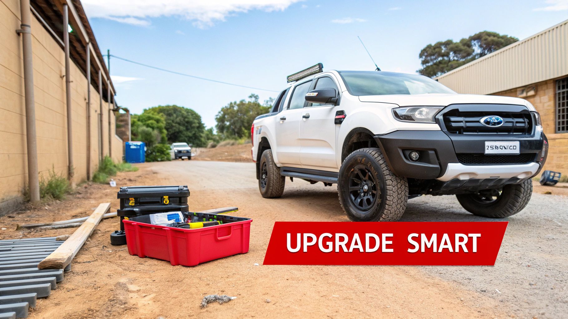 A white Ford Ranger pickup truck and open toolboxes sit on a dirt road with an 'UPGRADE SMART' banner.