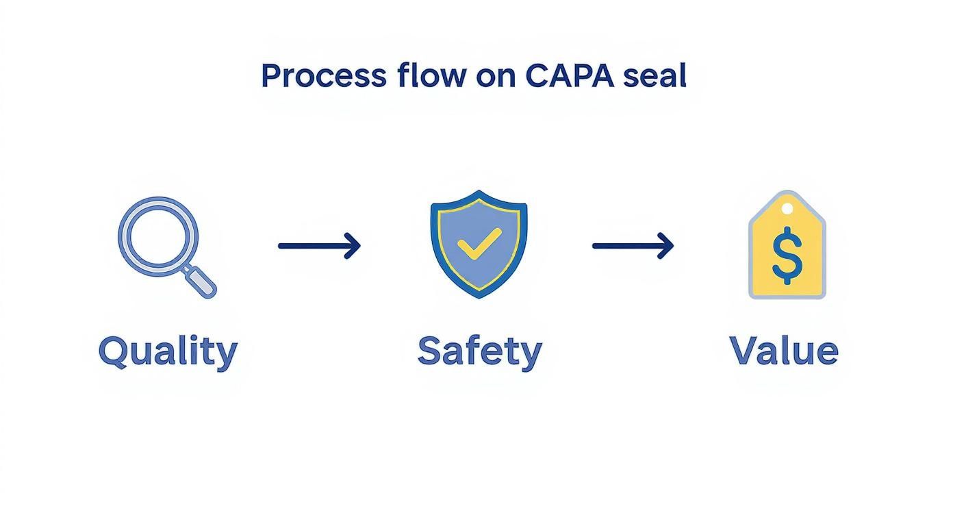 Process flow diagram showing CAPA seal certification steps from quality through safety to value
