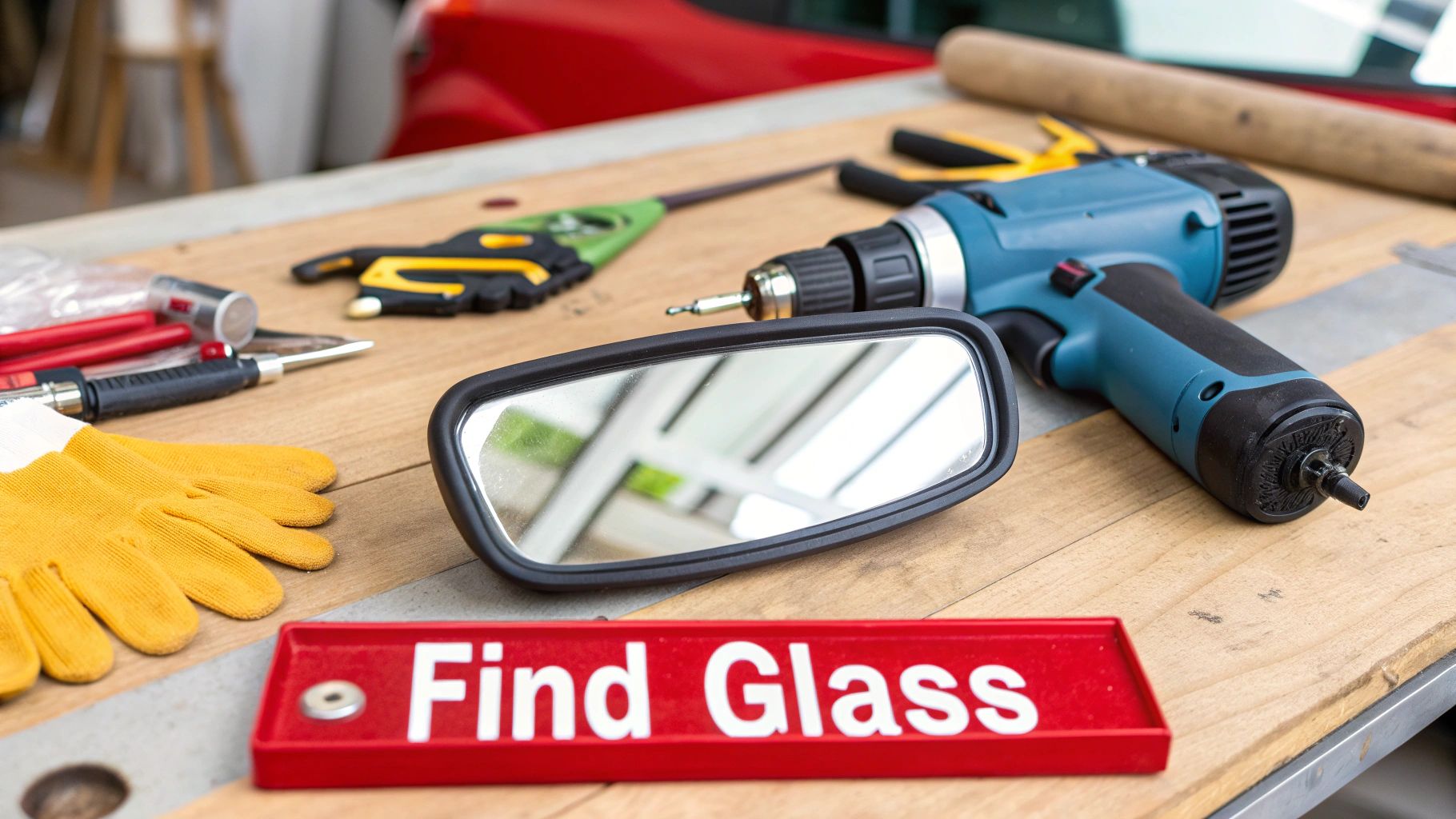 A mechanic's hands wearing blue nitrile gloves, carefully holding a new piece of side view mirror glass next to the car's mirror housing.