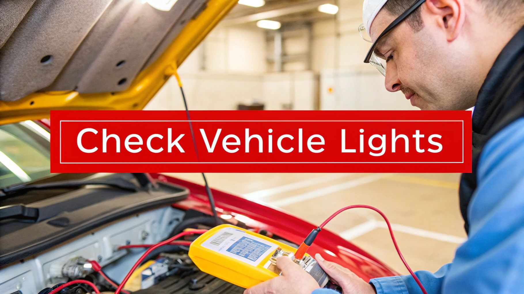 A mechanic uses a diagnostic tool on an open car engine, with a banner 'Check Vehicle Lights'.