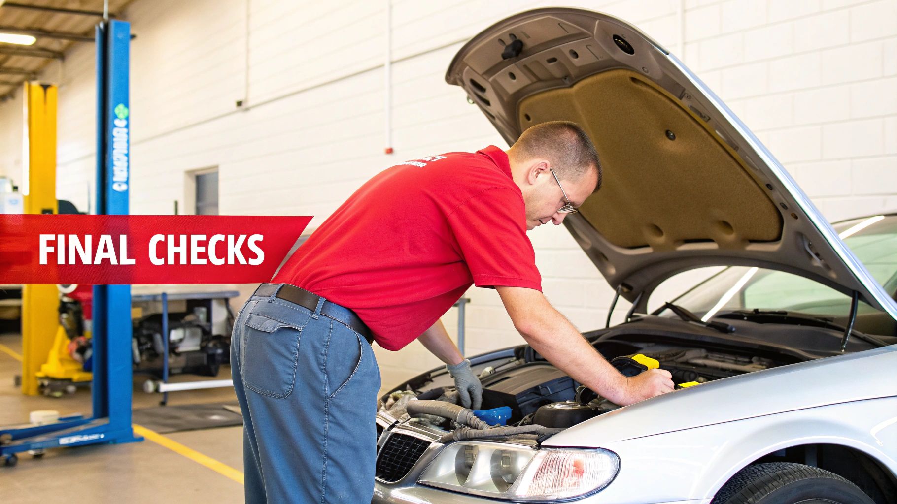 A mechanic in a red shirt performs final checks on a silver car engine in a garage.