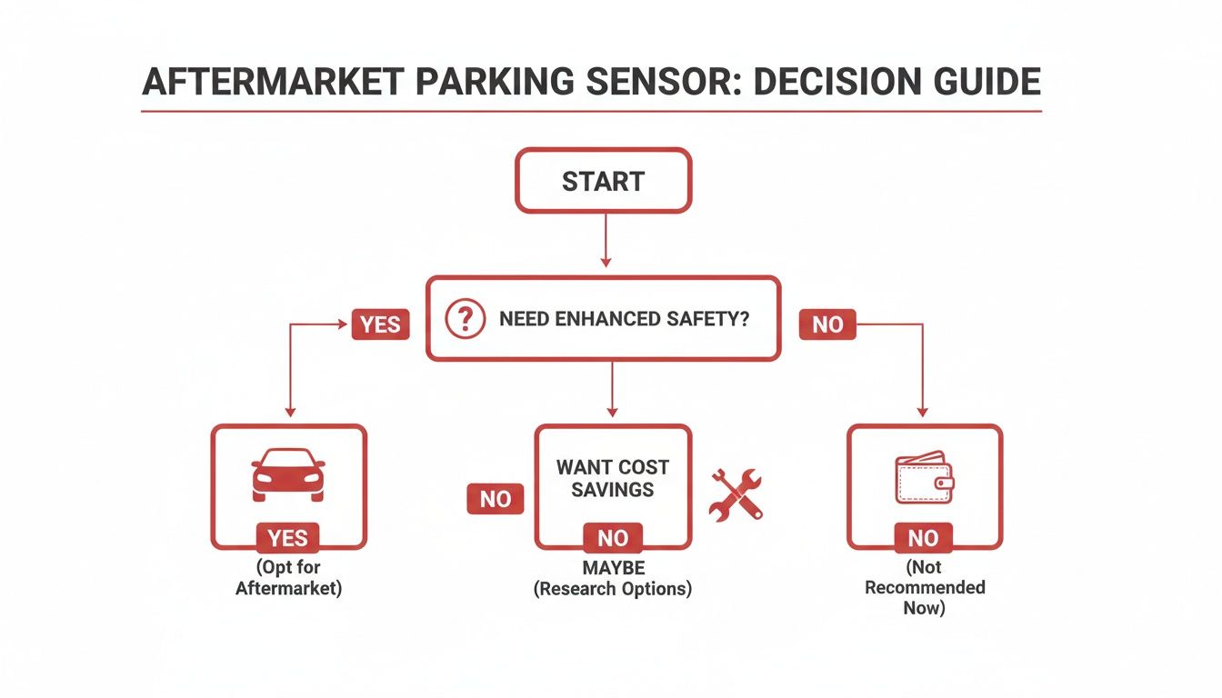 A flowchart decision guide for aftermarket parking sensors based on safety needs and cost savings.