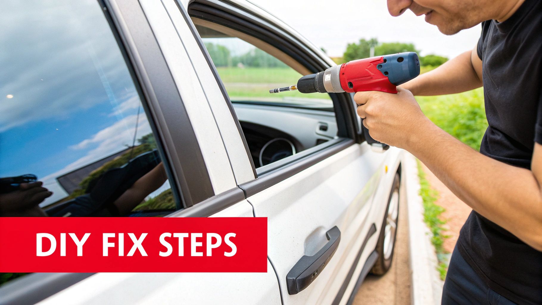 Mechanic's hands working on the interior mechanism of a car door, showing the window regulator.