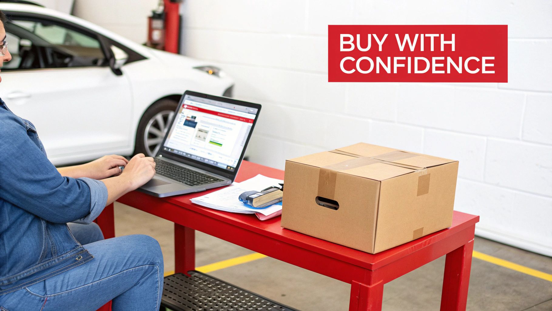 A person in a garage using a laptop to order auto parts online with a delivery box.