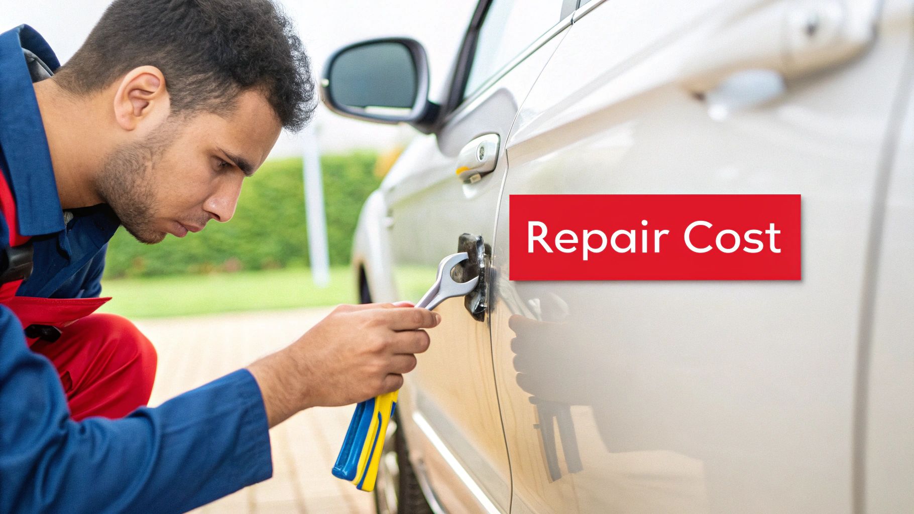 A mechanic in a blue and red uniform fixing a car door with a wrench, with 'Repair Cost' text overlay.