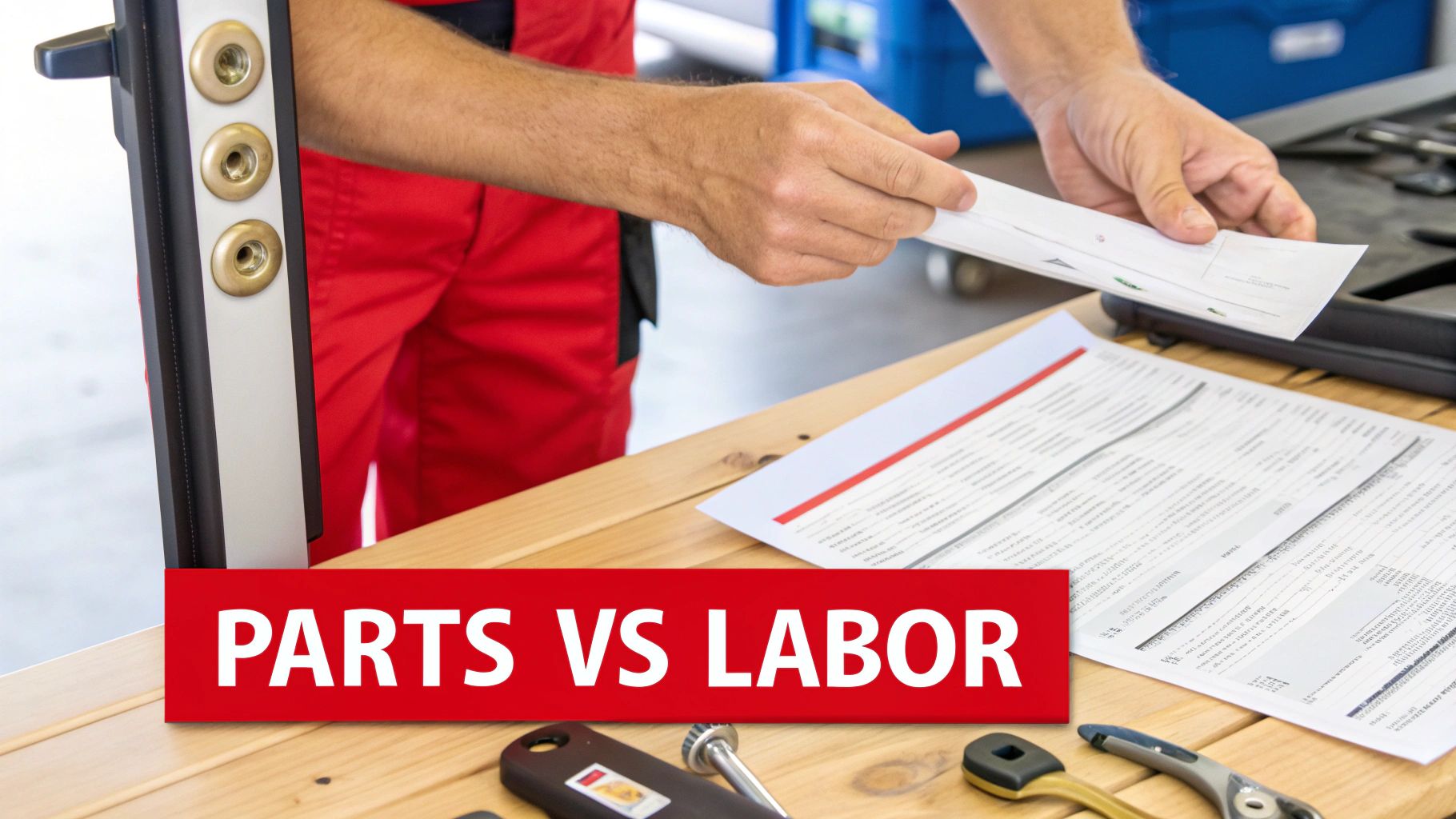 A mechanic reviews a car repair estimate, with a banner showing 'PARTS VS LABOR' on the table.