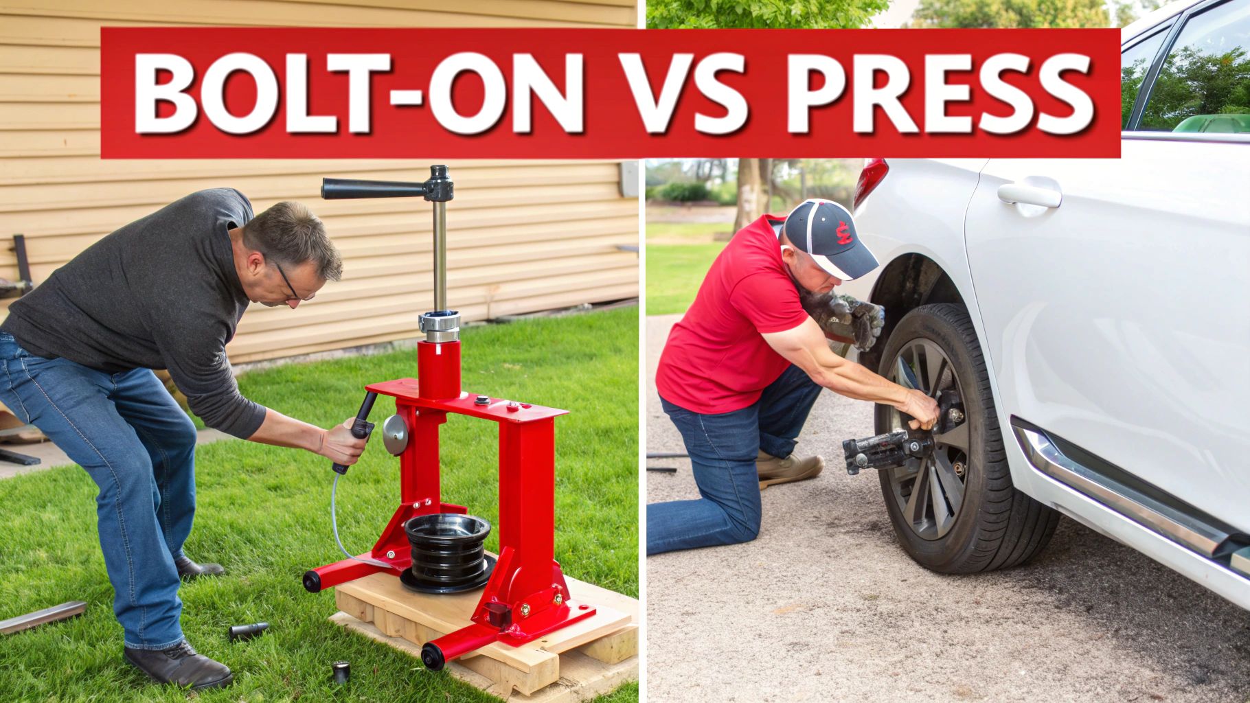 Two men demonstrating different automotive repair methods: one using a spring compressor, the other working on a car wheel.