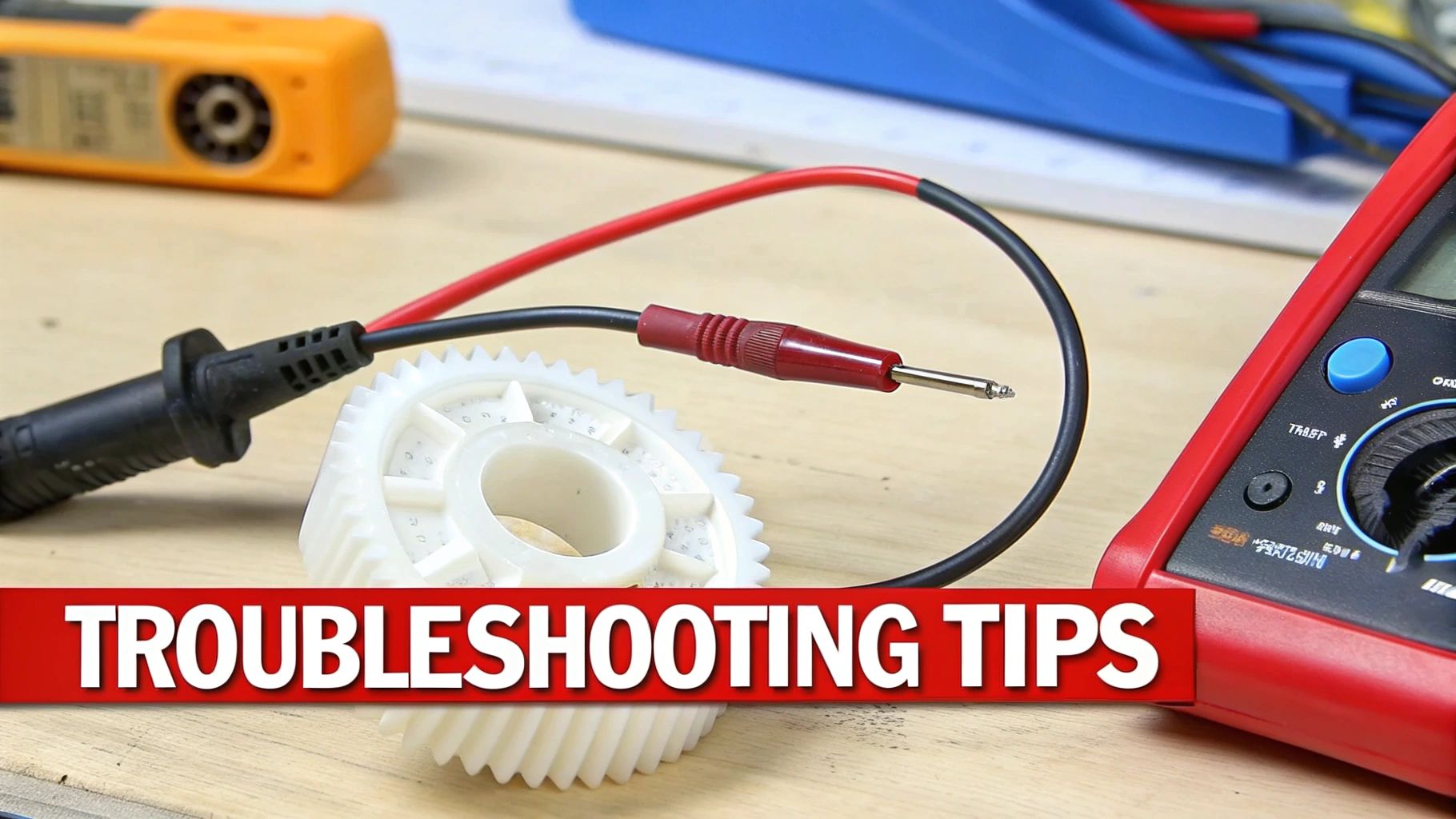 A red multimeter with leads connected to a white plastic gear, on a wooden surface, with 'TROUBLESHOOTING TIPS' banner.