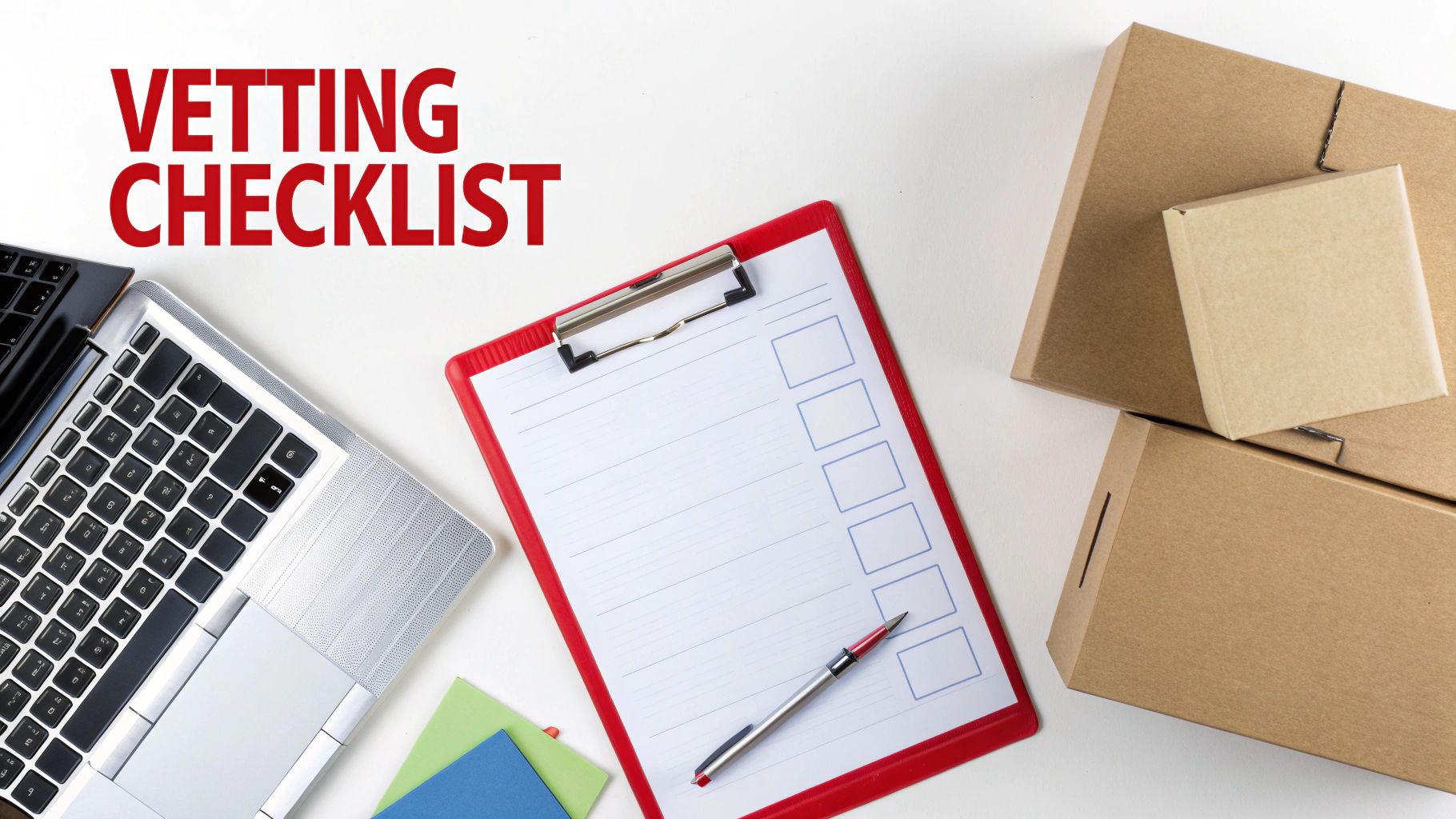 A white desk with a laptop, a red clipboard showing a vetting checklist, a pen, and cardboard boxes.