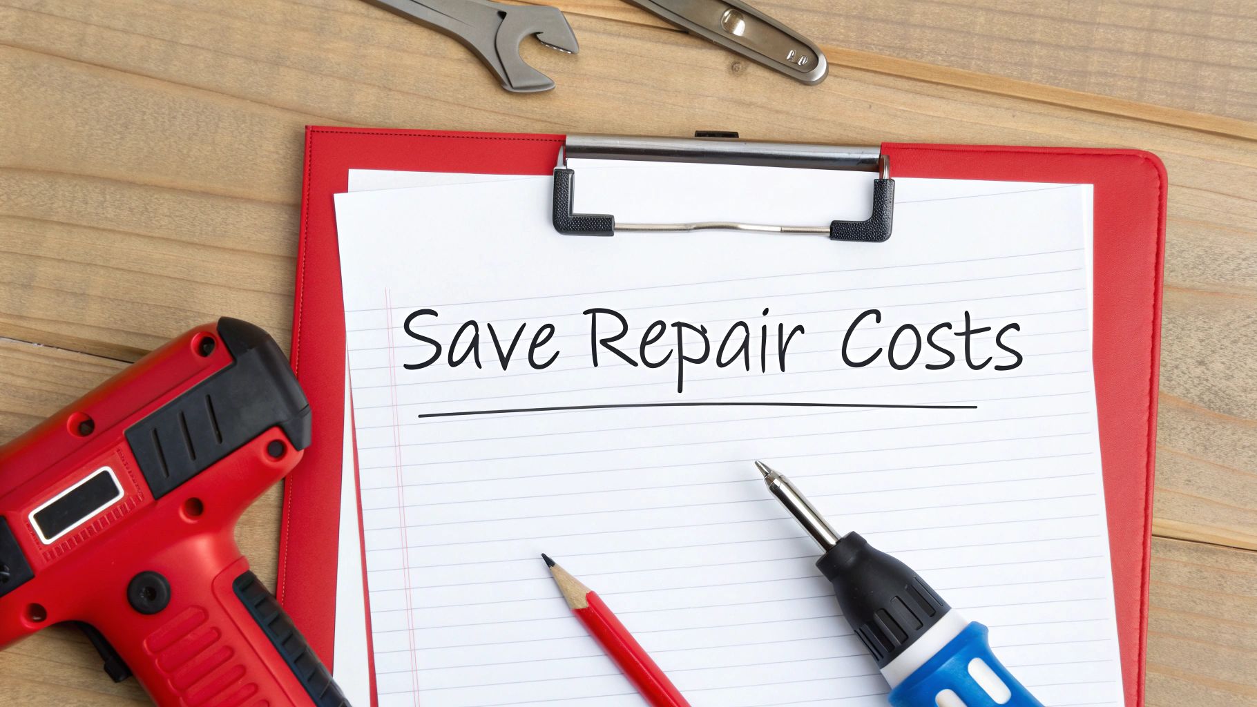 A red clipboard with a notepad showing 'Save Repair Costs' text, surrounded by various repair tools.
