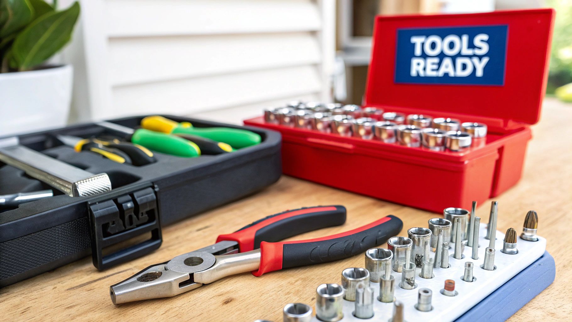 A new tailgate handle and various tools like a socket set and screwdrivers laid out on a clean workbench, ready for installation.