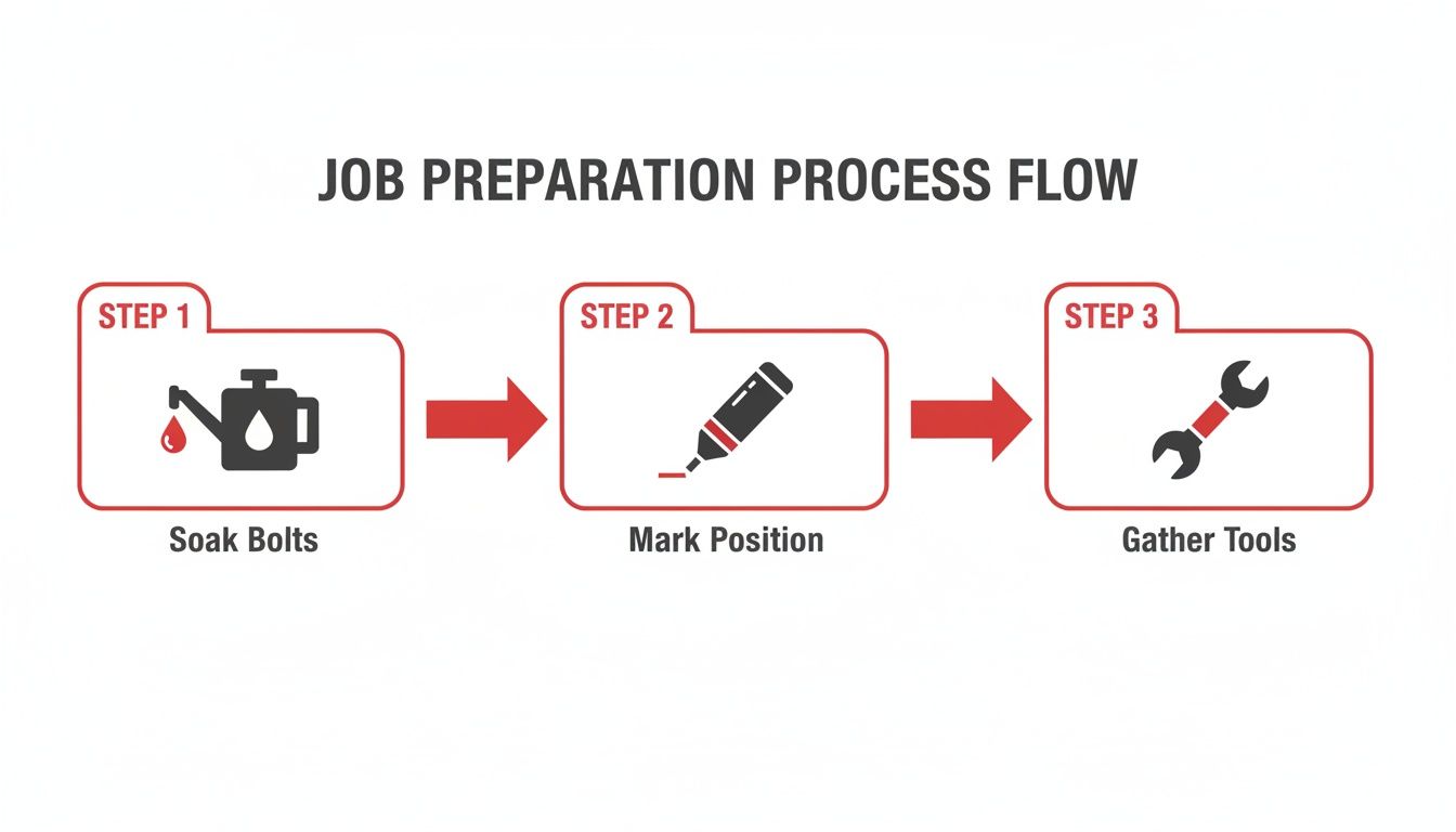 A job preparation process flow diagram showing three steps: Soak Bolts, Mark Position, and Gather Tools.