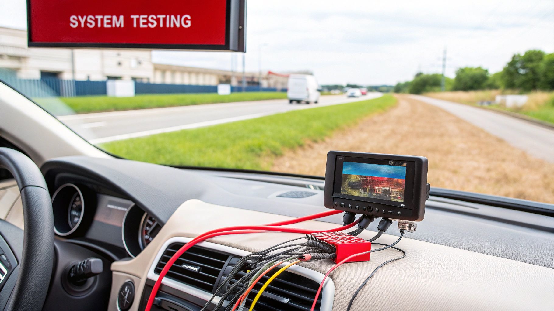 A driver's view of a parking sensor display mounted on a car's dashboard, showing distance readings.