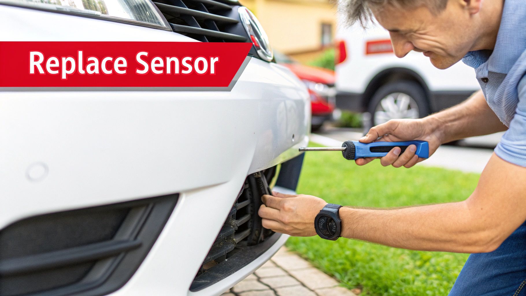 A person's hands are shown unplugging a parking sensor from its wiring harness on the back of a car bumper.