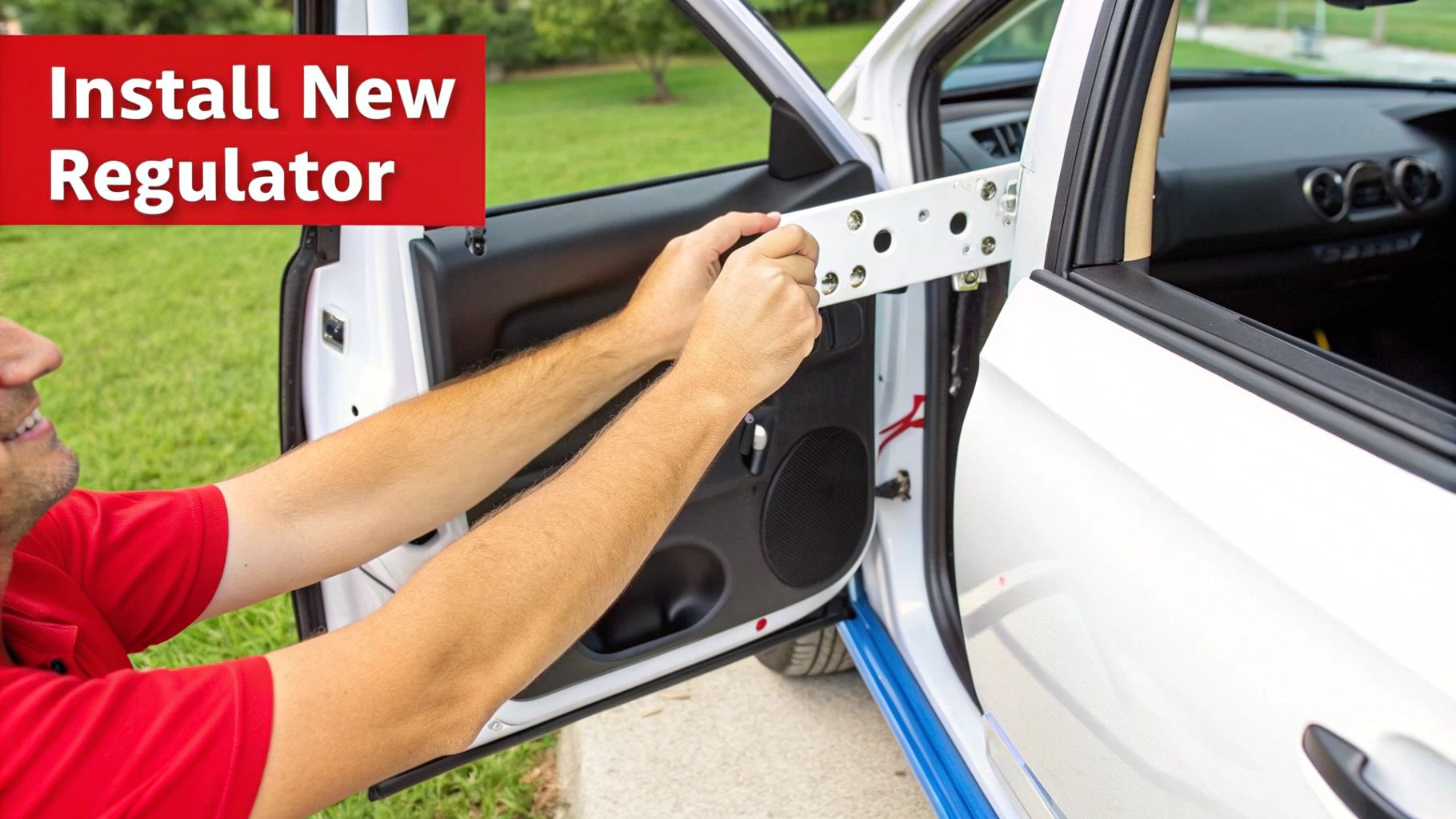 A person's hands are installing a new window regulator into the open door of a white car.