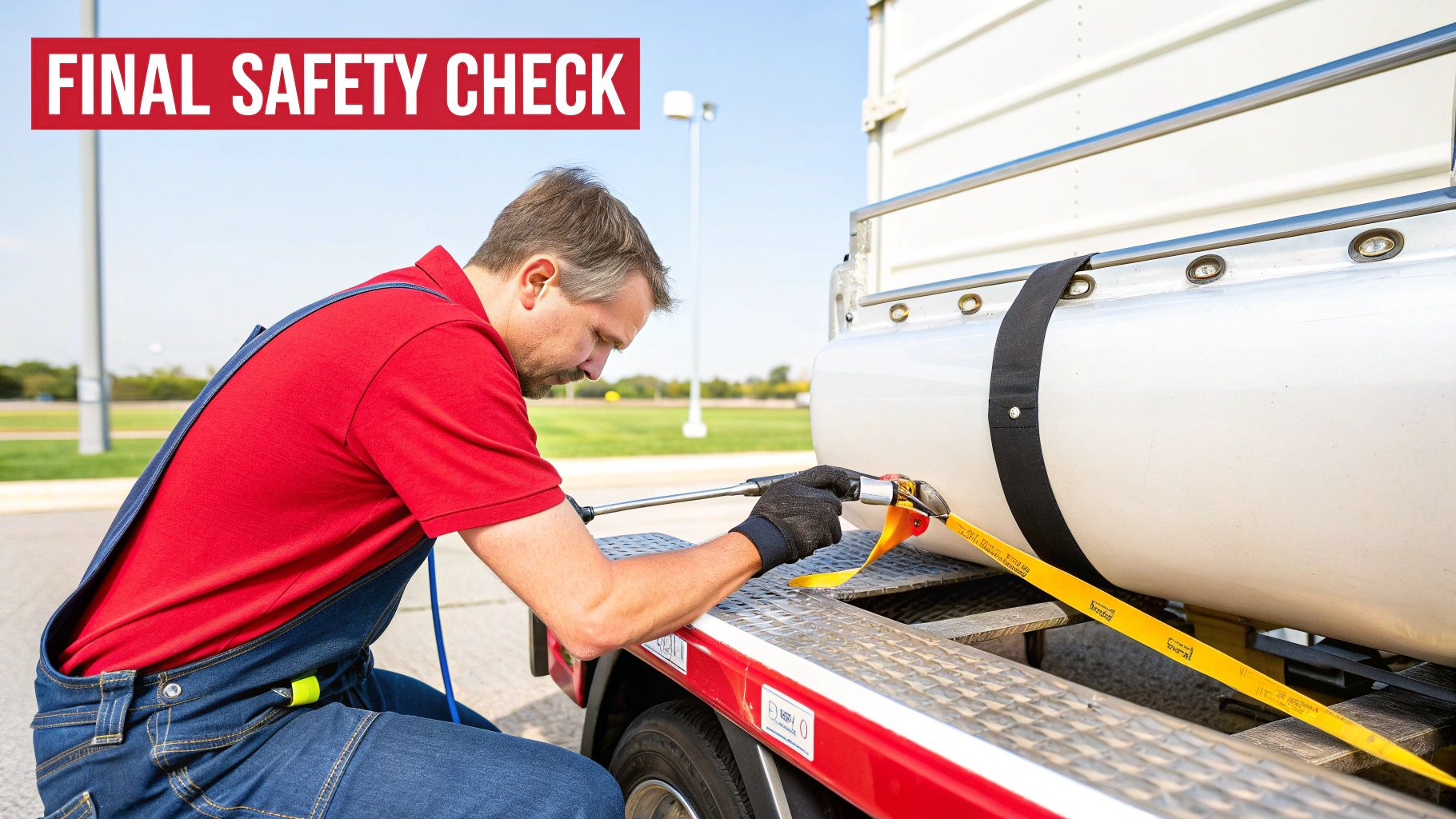 Man performs a final safety check, tightening a yellow strap around a gas tank on a truck.