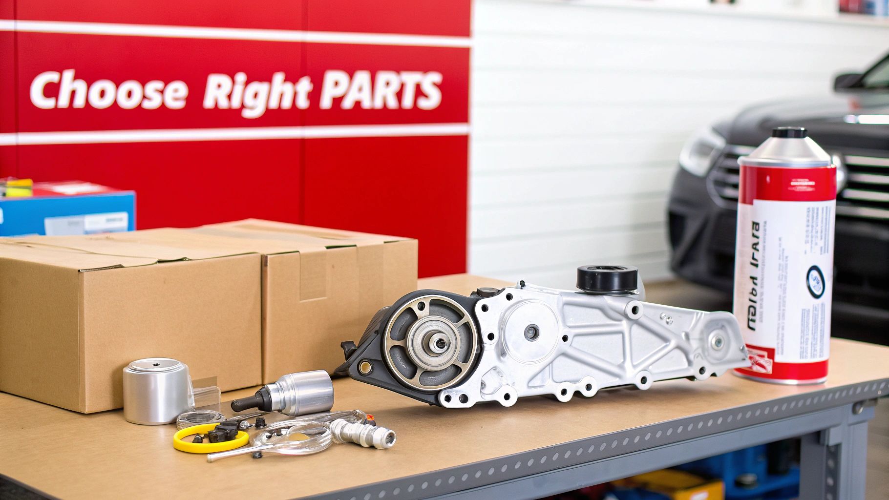 Automotive parts and tools laid out on a table, including an engine component, spray can, and cardboard boxes, with a sign 'Choose Right PARTS' in the background.