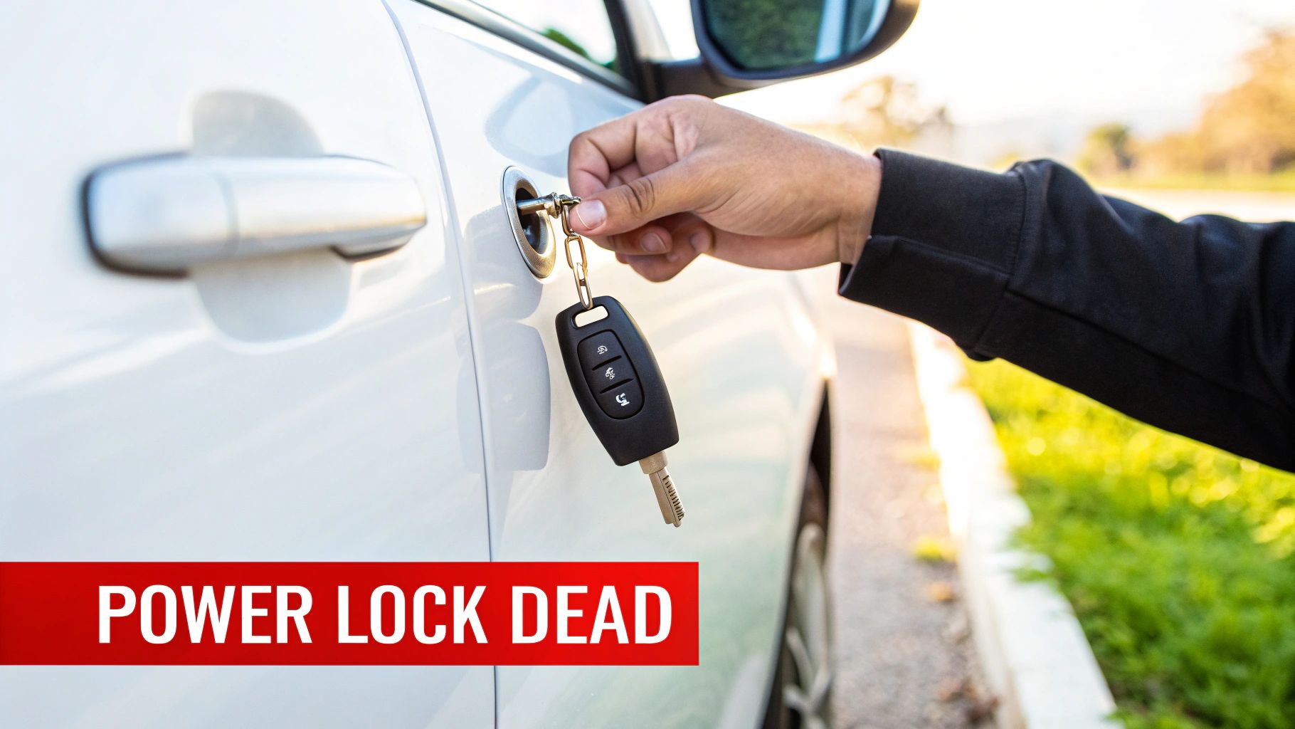 A person uses a physical car key to manually unlock a white car door, power lock dead.