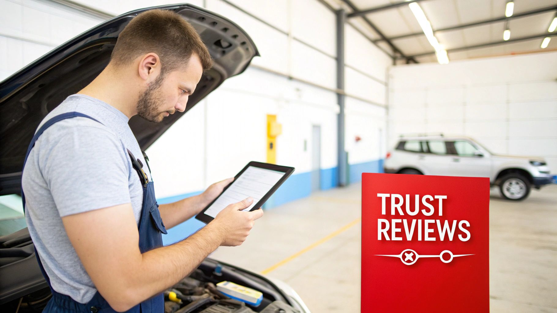 A mechanic carefully inspecting an engine part under bright workshop lighting