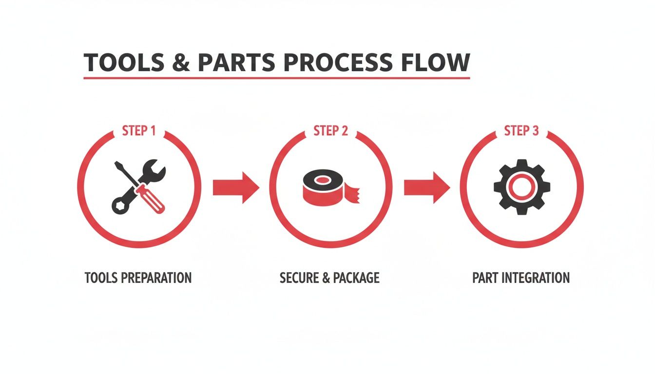 A three-step process flow illustrating tools preparation, secure and package, and part integration.