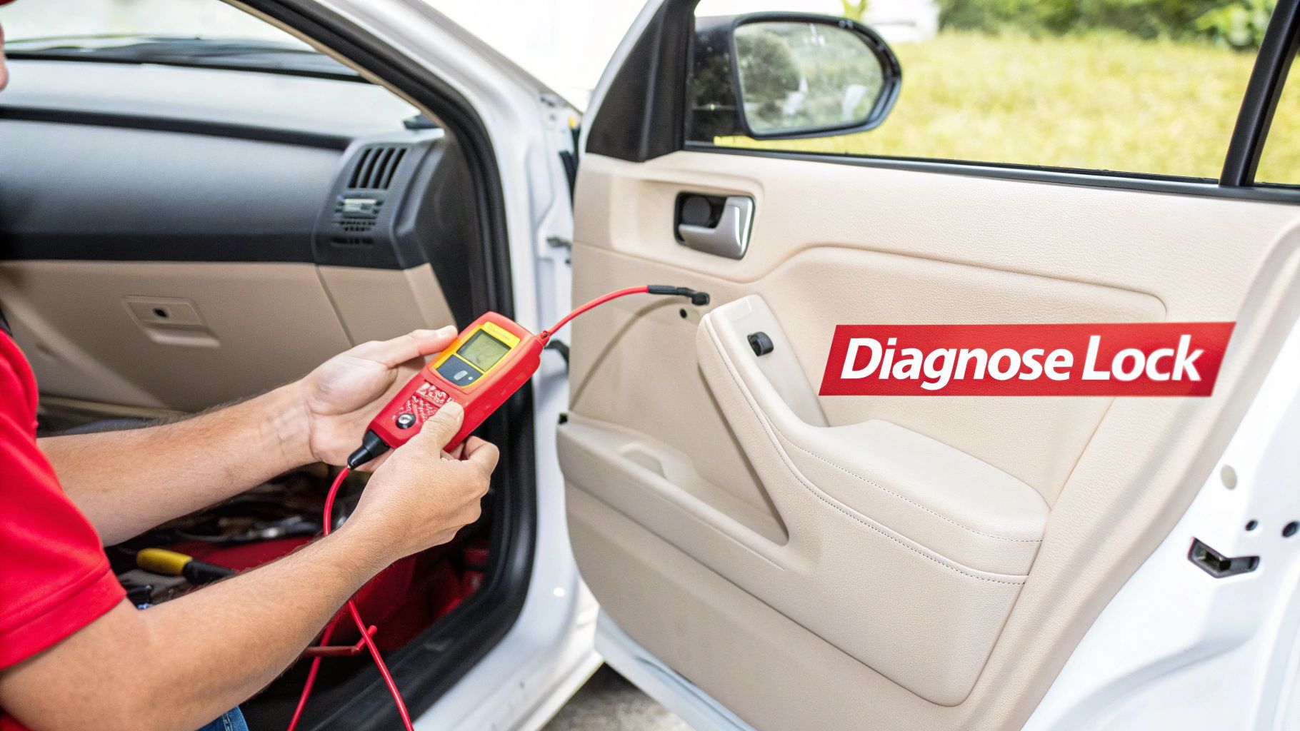 A person uses a red diagnostic tool connected to a car door to diagnose a lock issue.