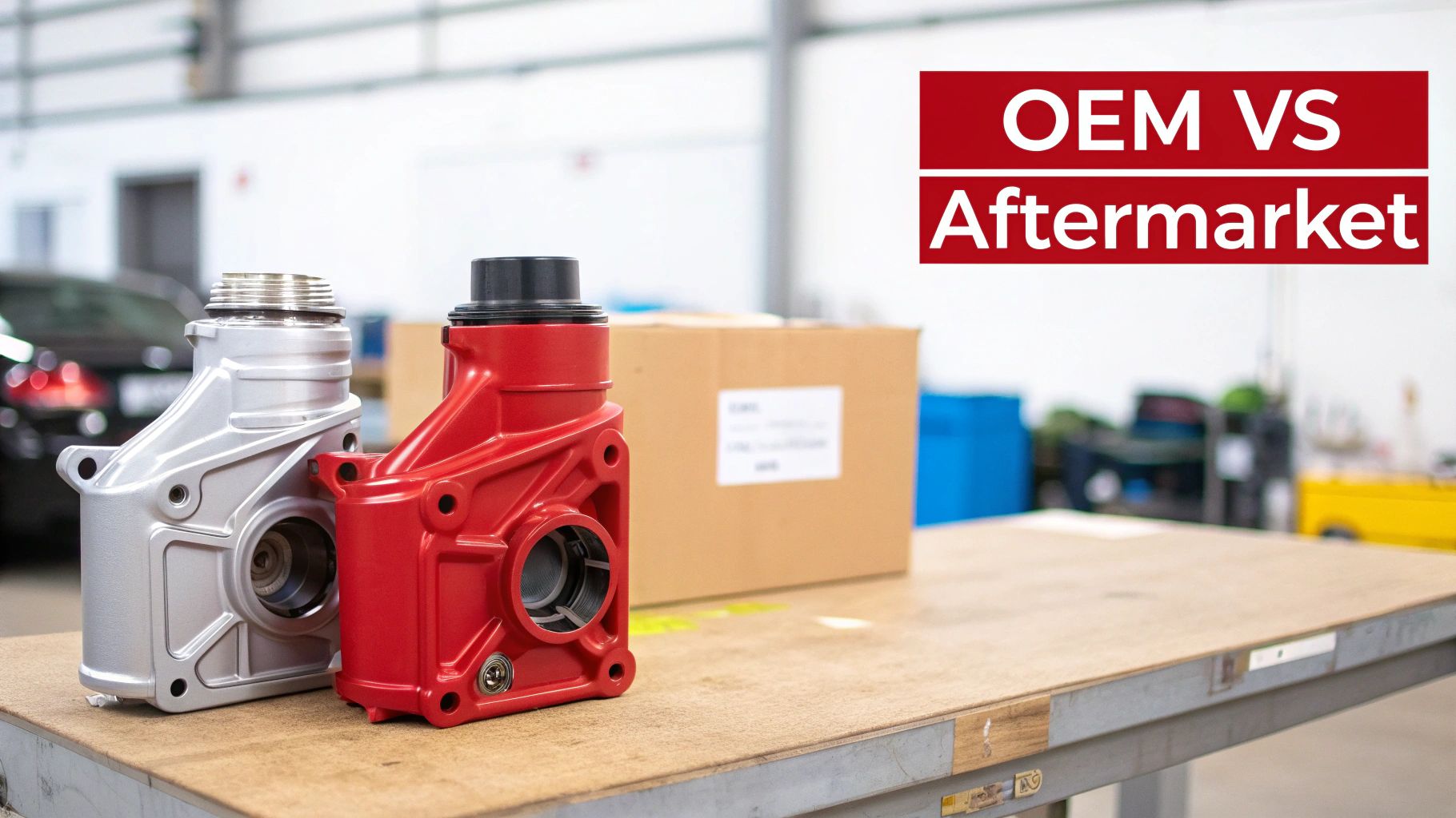 Two automotive components, one silver and one red, illustrating the difference between OEM and aftermarket parts.