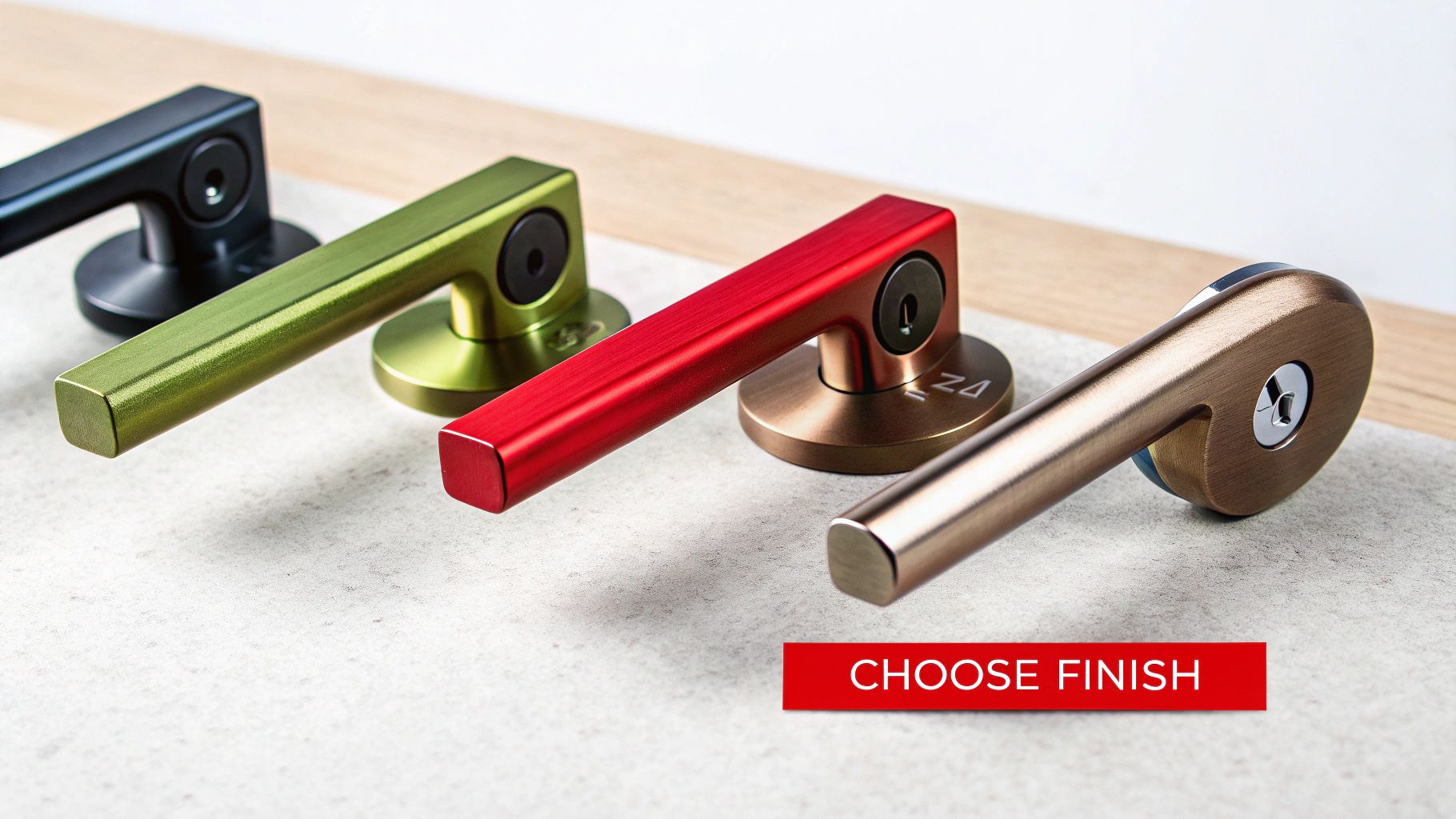 A shiny chrome metal handle for a door contrasted with a matte black one, showing finish options.