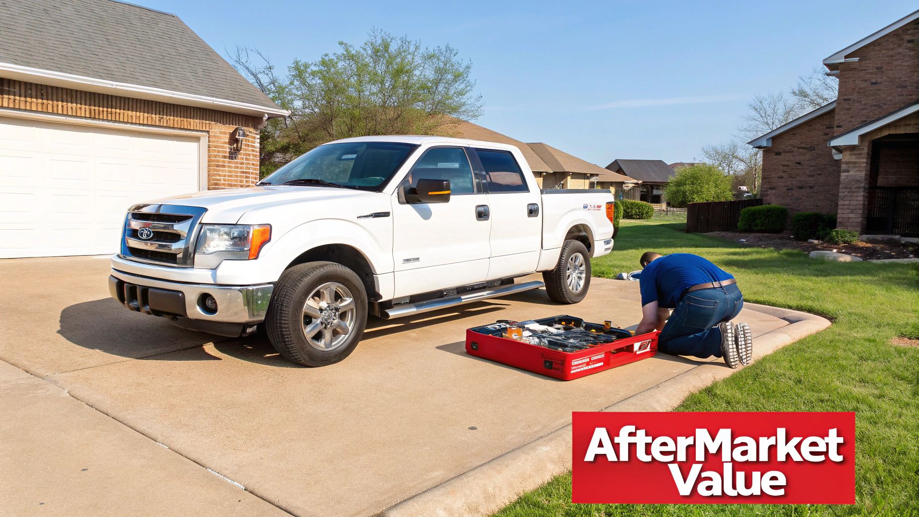 A person kneels on a driveway working on tools next to a white Ford F-150 truck.