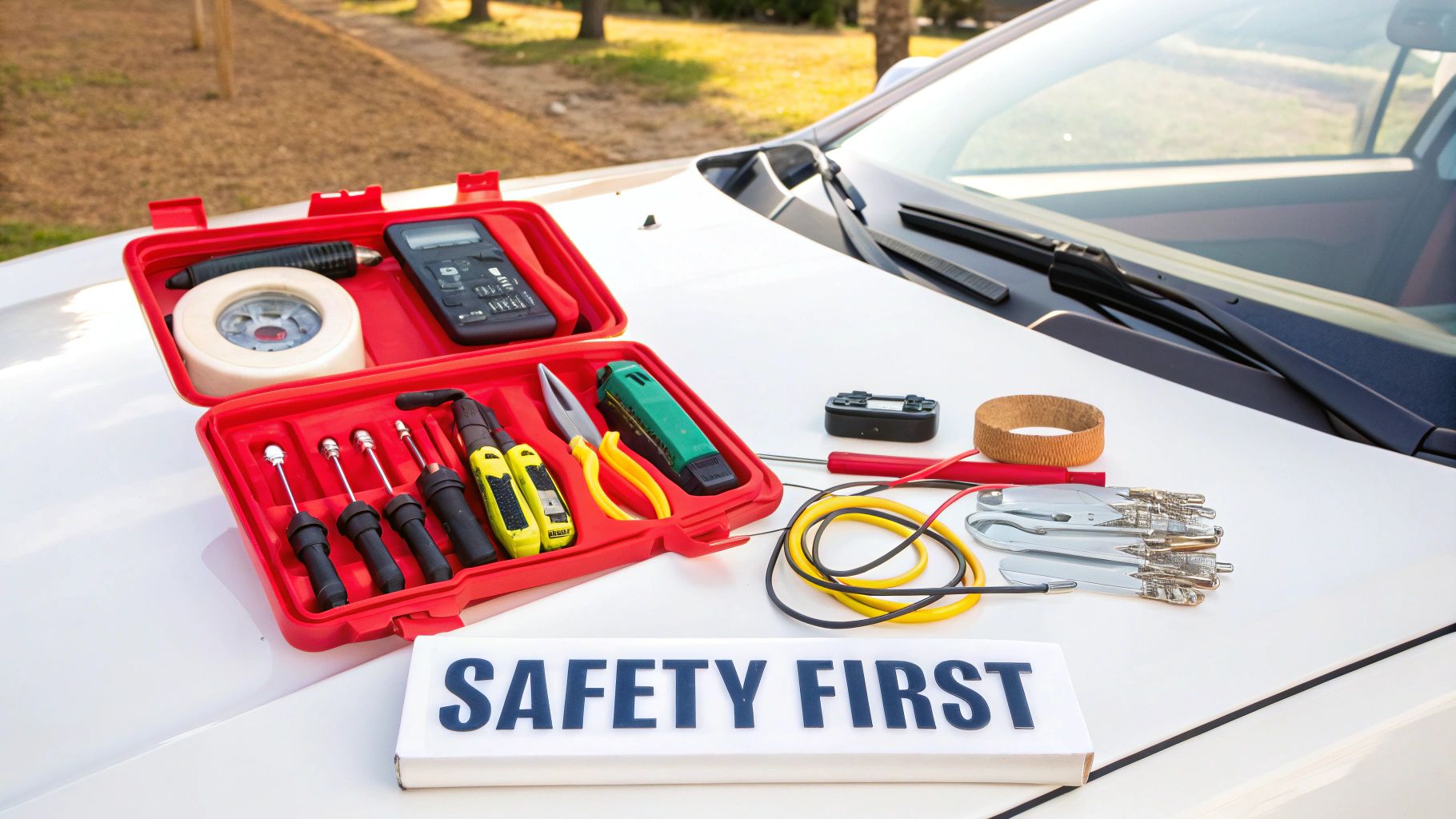 A red toolbox with various car repair tools and a 'SAFETY FIRST' sign on a white car hood outdoors.