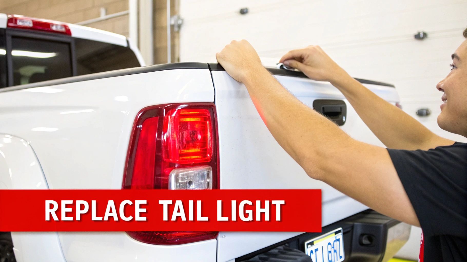 A person is shown working on the tailgate of a white pickup truck, seemingly replacing the right tail light.