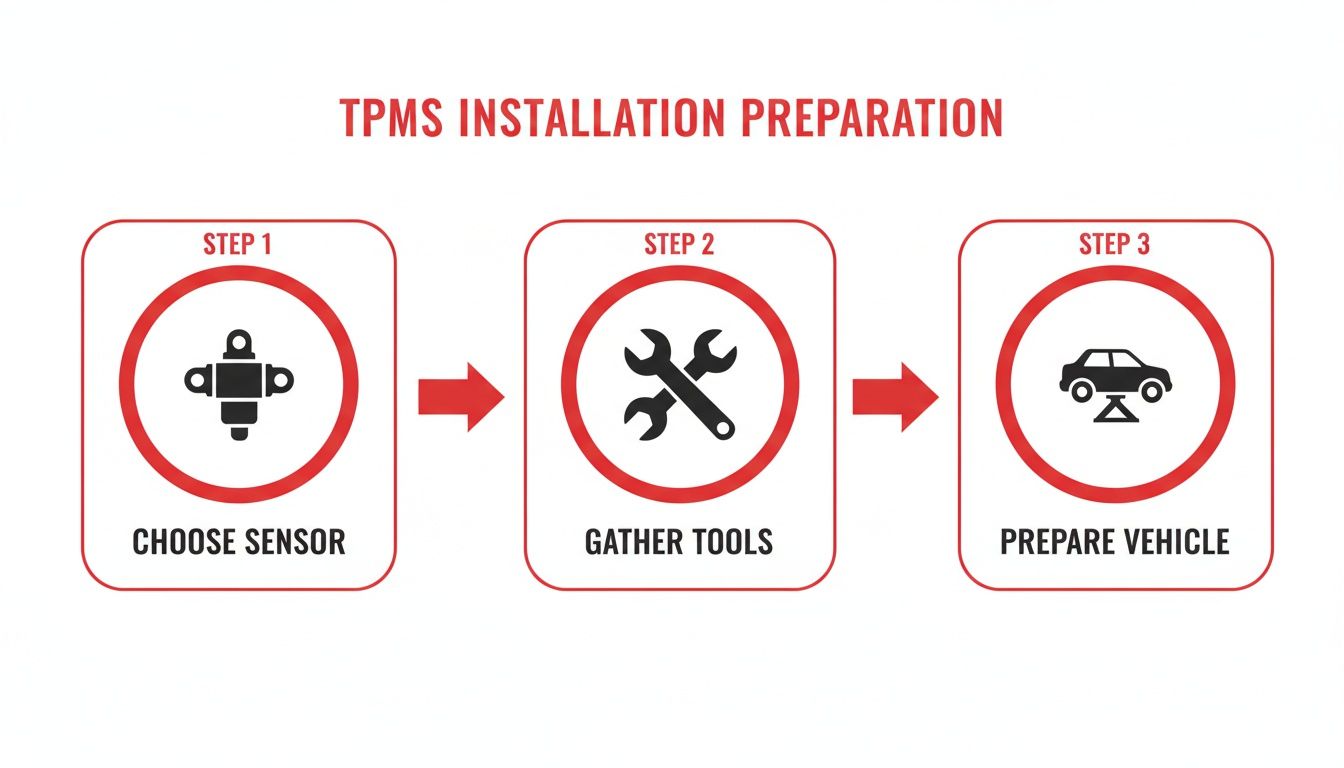 A three-step guide outlining TPMS installation preparation: choose sensor, gather tools, and prepare vehicle.