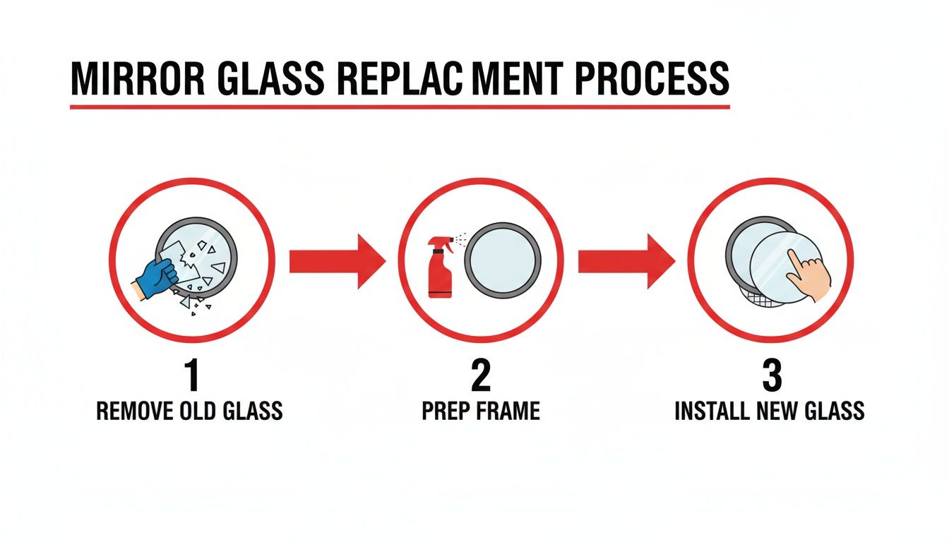 Step-by-step guide illustrating how to replace broken mirror glass in three easy steps.