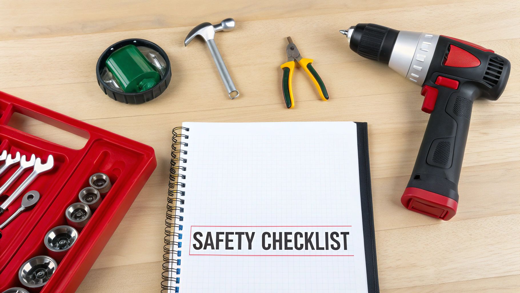 A top-down view of various hand tools and a notebook with 'SAFETY CHECKLIST' on a wooden table.