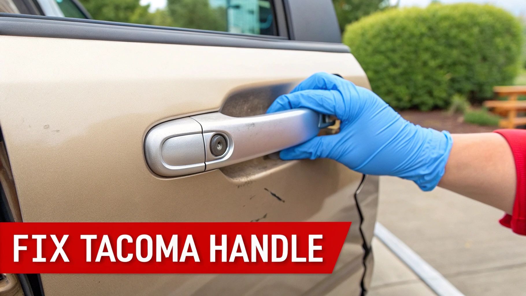 A gloved hand pulls the silver door handle of a beige Toyota Tacoma truck with text overlay.