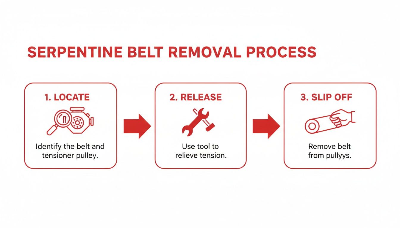 A three-step infographic detailing the process of serpentine belt removal from an engine.