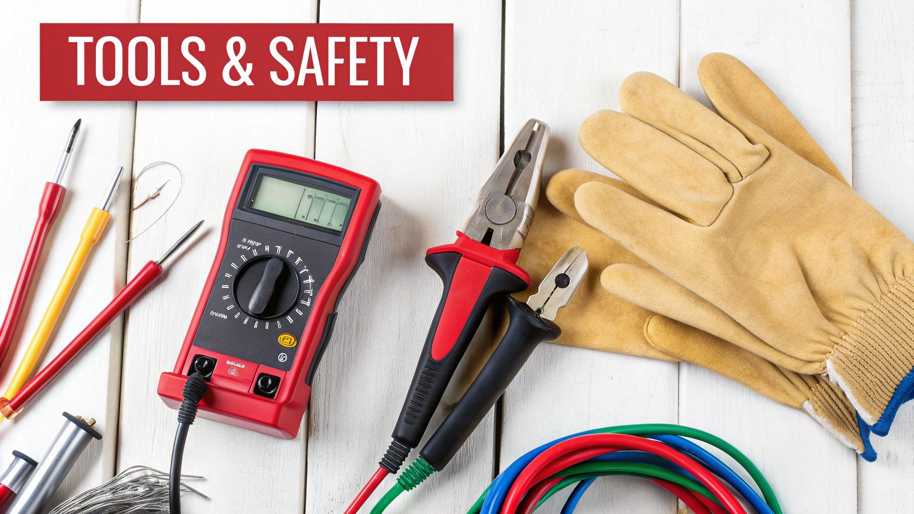 Essential electrical tools and safety equipment, including a multimeter, pliers, wires, and work gloves.