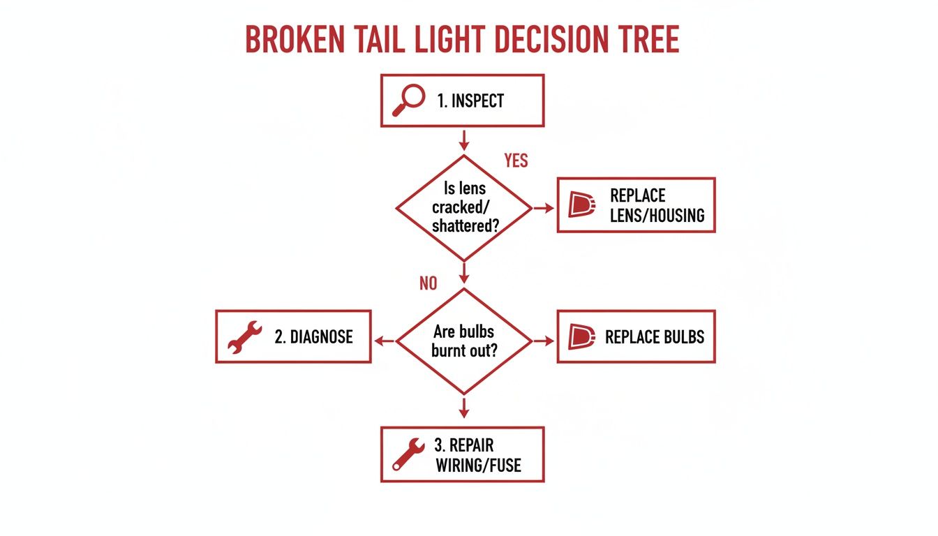 Decision tree flowchart for diagnosing and repairing a broken tail light, covering lens, bulbs, wiring, and fuses.