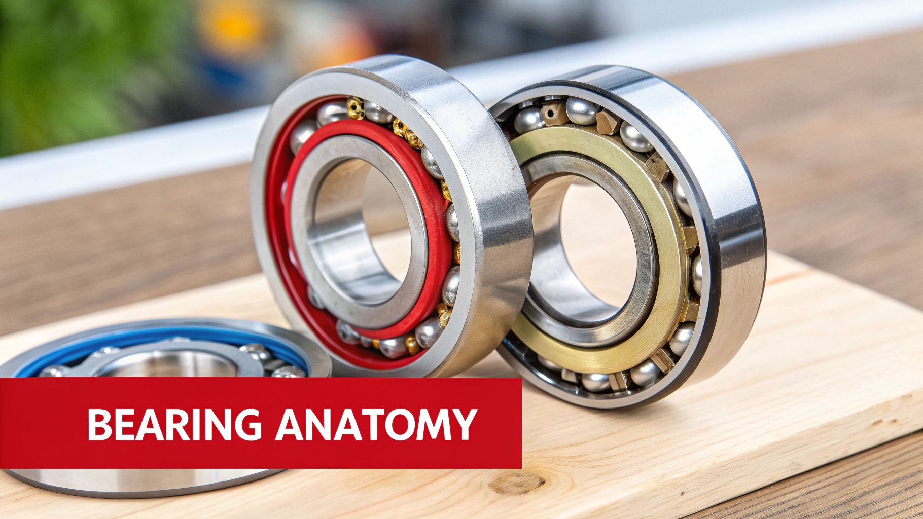 Close-up of three ball bearings with different colored components on a light wooden surface, labeled 'BEARING ANATOMY'.