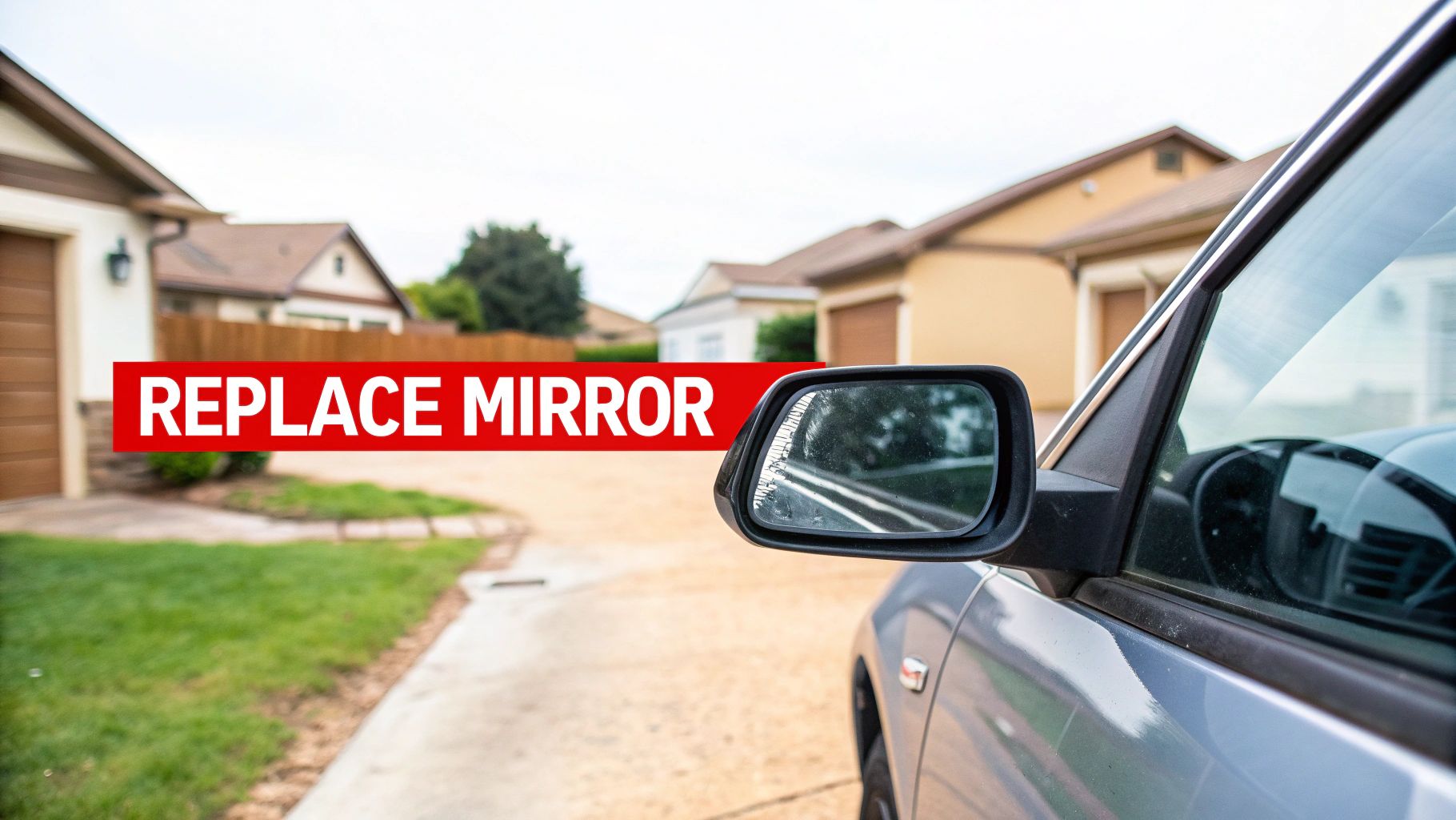 A close-up of a modern car's side mirror with an integrated turn signal, reflecting a blurred background.