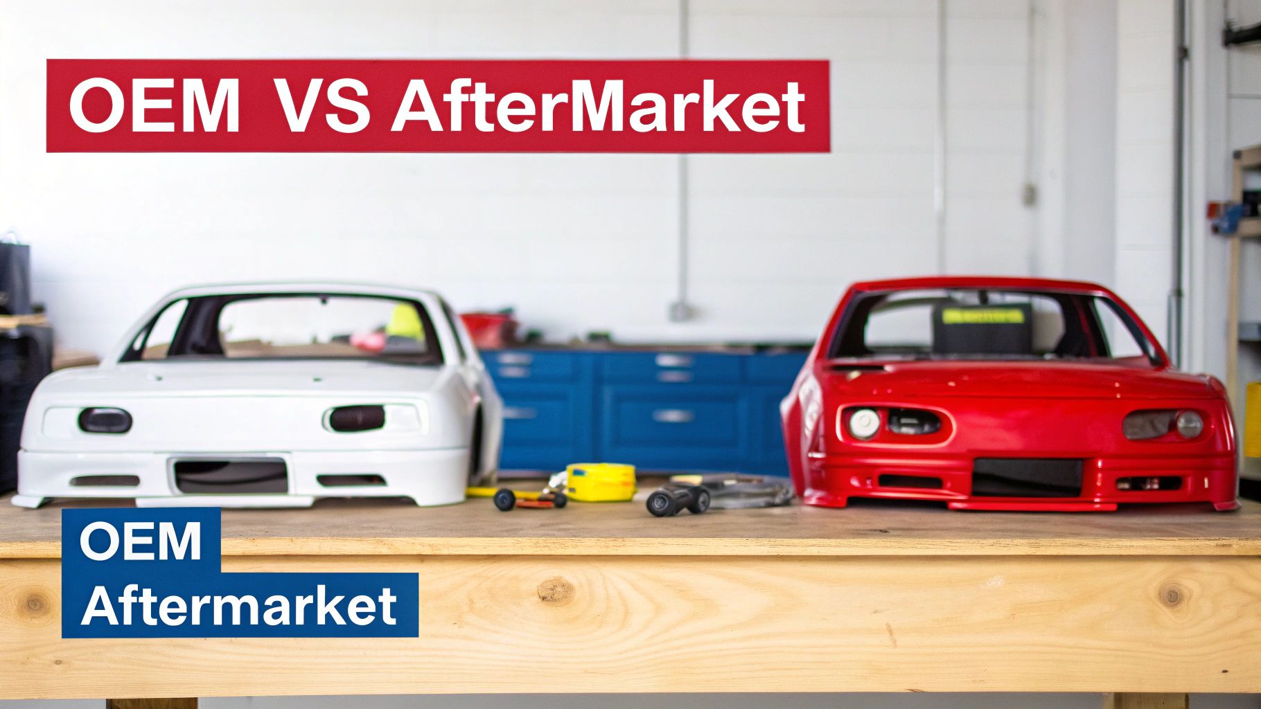 White and red car models side by side comparing OEM versus aftermarket automotive parts options