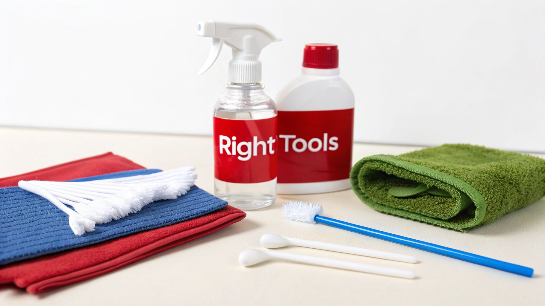 A collection of cleaning supplies including cloths, brushes, spray bottles, and solution for effective cleaning.