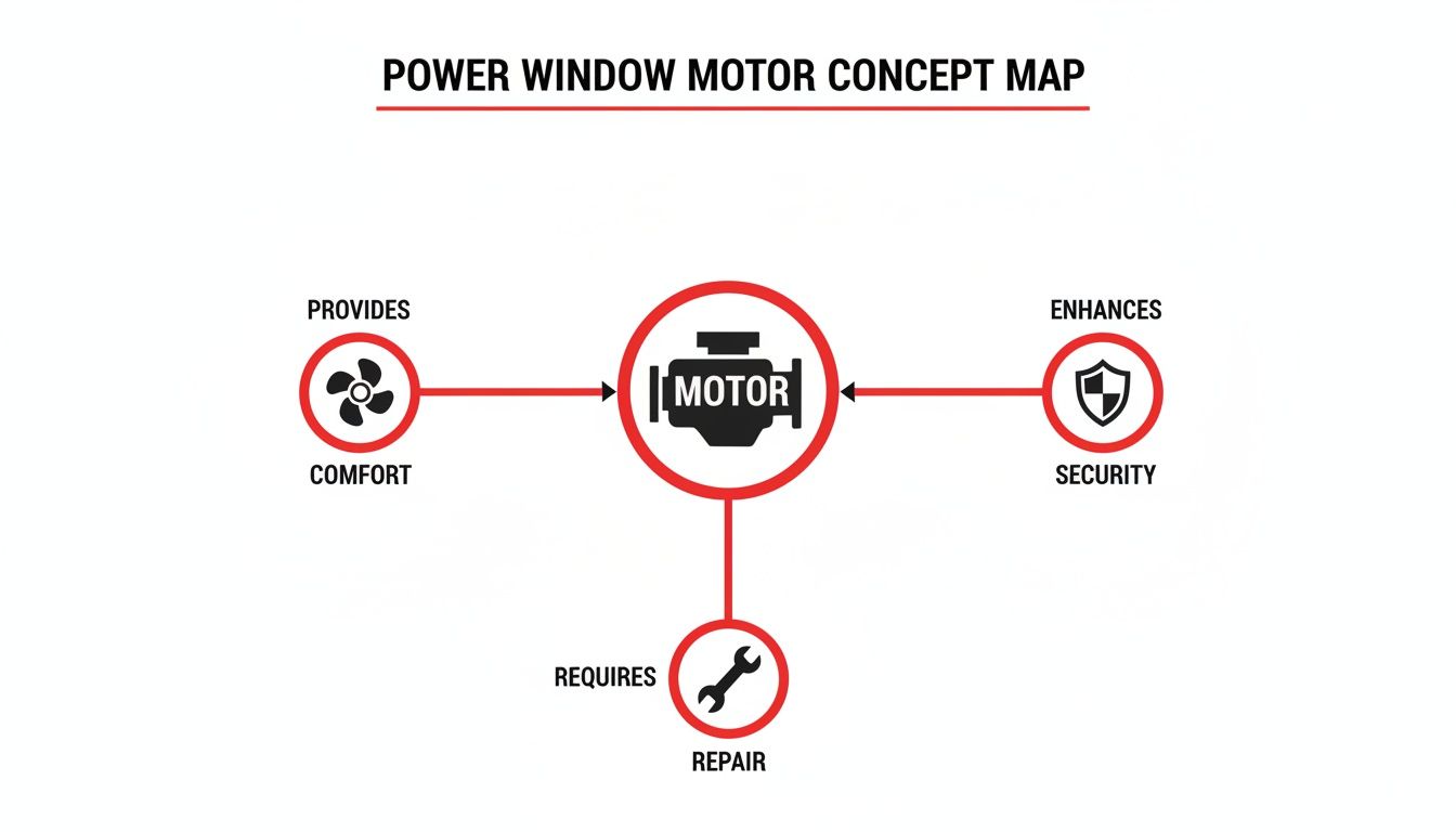Concept map illustrating how a power window motor provides comfort and security, but requires repair.
