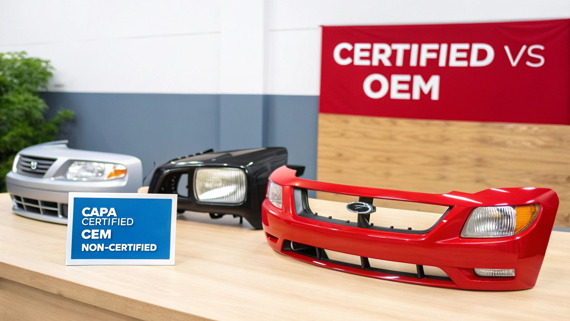 Comparison display showing three car bumpers with CAPA certified and OEM certification labels