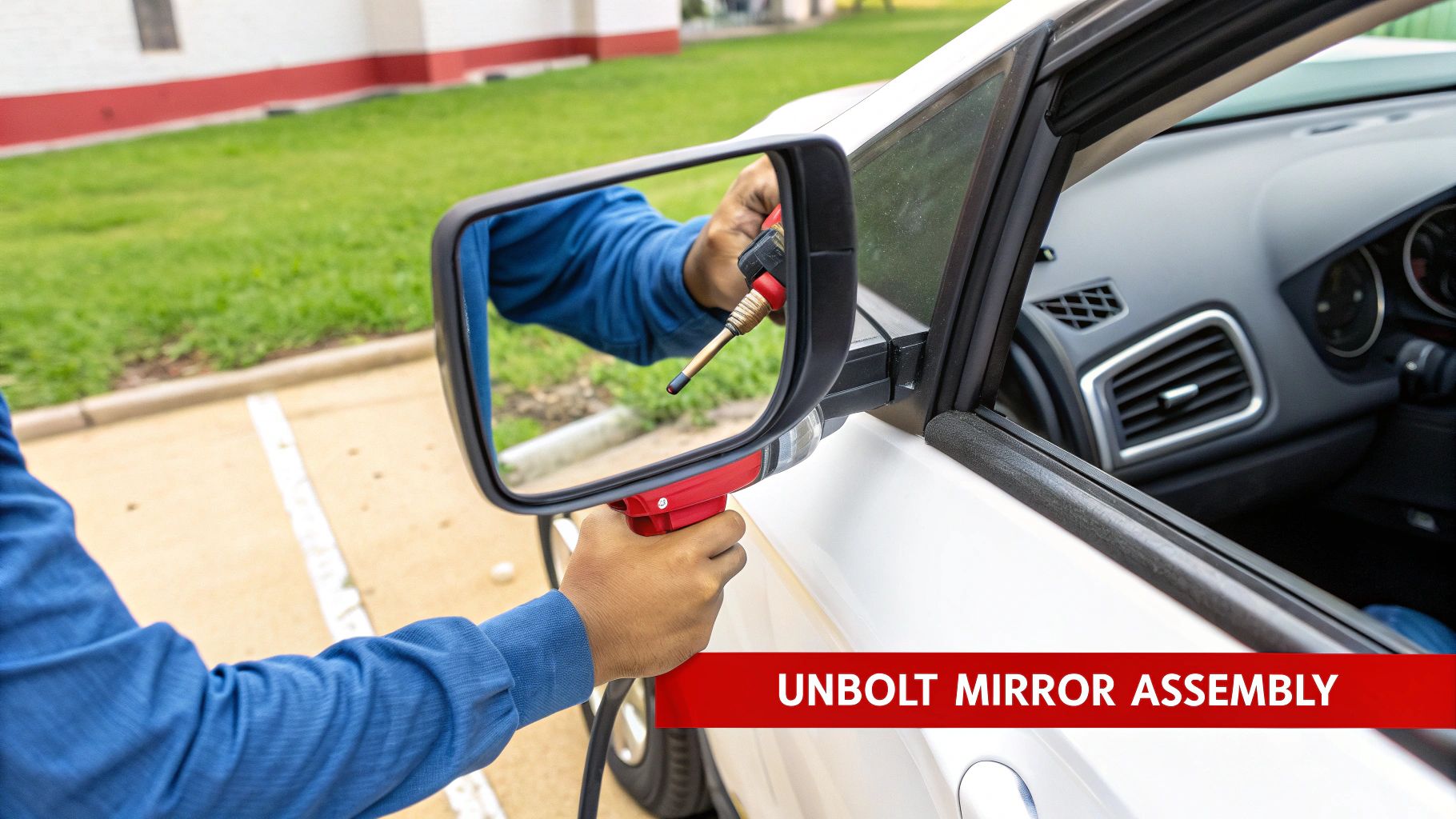 Hands using a red tool to unbolt a side mirror assembly from a white car, with text 'UNBOLT MIRROR ASSEMBLY'.