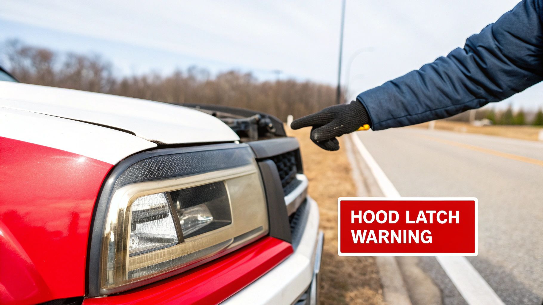 A person points at a car's open hood with a 'Hood Latch Warning' sign on the roadside.